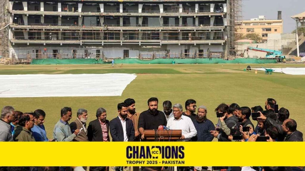 Arshad Khan, manager of National Bank Stadium, addresses media persons regarding the progress of the renovation work ahead of the ICC Champions Trophy 2025 tournament at the National Bank Stadium