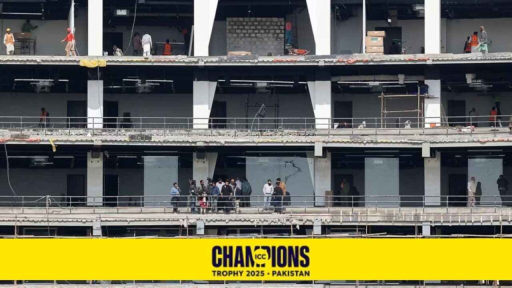 Journalists attend a media tour organized by the Pakistan Cricket Board (PCB), to showcase the progress of the renovation work ahead of the ICC Champions Trophy 2025 tournament at the National Bank Stadium in Karachi on January 20, 2025. 
