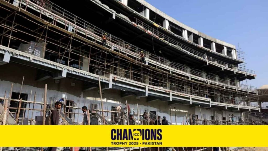 Laborers work during a media tour, organized by the Pakistan Cricket Board (PCB), to showcase the progress of the renovation work ahead of the ICC Champions Trophy 2025 tournament at the National
