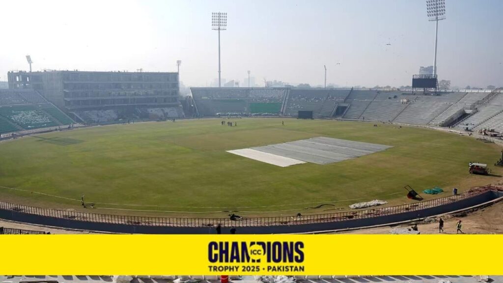 Laborers work during a media tour, organized by the Pakistan Cricket Board (PCB), to showcase the progress of the renovation work ahead of the ICC Champions Trophy 2025 tournament at the Qaddafi S